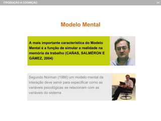 Modelo Mental A mais importante característica do Modelo Mental é a função de simular a realidade na memória da trabalho (CAÑAS, SALMÉRON E GÁMEZ, 2004) Segundo Norman (1986) um modelo mental da intera ção deve servir para especificar como as variáveis psicológicas se relacionam com as variáveis do sistema 