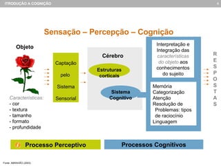 Sensação – Percepção – Cognição Fonte: ABRAHÃO (2003) Objeto Características: - cor - textura - tamanho - formato - profundidade Captação pelo  Sistema Sensoria l Cérebro Estruturas corticais Sistema Cognitivo Processo Perceptivo Processos Cognitivos Interpretação e Integração das  características do objeto   aos conhecimentos do sujeito R E S P O S T A S Memória Categorização Atenção Resolução de Problemas: tipos de raciocínio Linguagem 
