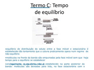 Termo C: Tempo
de equilíbrio
•equilíbrio de distribuição do soluto entre a fase móvel e estacionária é
estabelecido tão lentamente que a coluna praticamente opera num regime de
não-equilíbrio
•moléculas na frente da banda são empurradas pela fase móvel sem que haja
tempo para o equilíbrio se estabelecer
•analogamente, o equilíbrio não é estabelecido na parte posterior da
banda: moléculas são deixadas para trás, na fase estacionária com o
movimento rápido da fase móvel
 