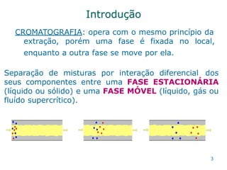 Introdução
CROMATOGRAFIA: opera com o mesmo princípio da
extração, porém uma fase é fixada no local,
enquanto a outra fase se move por ela.
Separação de misturas por interação diferencial dos
seus componentes entre uma FASE ESTACIONÁRIA
(líquido ou sólido) e uma FASE MÓVEL (líquido, gás ou
fluído supercrítico).
3
 