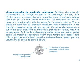 •Cromatografia de exclusão molecular:Também chamada de
cromatografia de filtração de gel ou de permeação em gel, esta
técnica separa as moléculas pelo tamanho, com os maiores solutos
passando por ela com maior velocidade. Ao contrário dos outros
tipos de cromatografia, não há interações atrativas entre a FE e o
soluto no caso real da exclusão molecular. Mais exatamente, a FM
líquida ou gasosa passa pelo gel poroso. Os poros são pequenos o
suficiente para excluírem as moléculas grandes do soluto, mas não
as pequenas. O fluxo de moléculas grandes passa sem entrar pelos
poros. As moléculas pequenas levam mais tempo para passar pela
coluna, porque elas entram no gel e portanto devem passar por um
volume maior antes de sair da coluna.
As moléculas grandes
são excluídas
As moléculas pequenas
penetram nos poros das
partículas
7
 