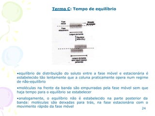 24
Termo C: Tempo de equilíbrio
•equilíbrio de distribuição do soluto entre a fase móvel e estacionária é
estabelecido tão lentamente que a coluna praticamente opera num regime
de não-equilíbrio
•moléculas na frente da banda são empurradas pela fase móvel sem que
haja tempo para o equilíbrio se estabelecer
•analogamente, o equilíbrio não é estabelecido na parte posterior da
banda: moléculas são deixadas para trás, na fase estacionária com o
movimento rápido da fase móvel
 
