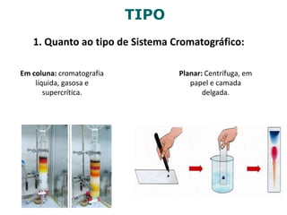 TIPO
1. Quanto ao tipo de Sistema Cromatográfico:
Em coluna: cromatografia
líquida, gasosa e
supercrítica.
Planar: Centrífuga, em
papel e camada
delgada.
 