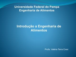 Universidade Federal do Pampa
Engenharia de Alimentos
Introdução a Engenharia de
Alimentos
Profa. Valéria Terra Crexi
 