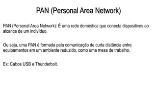 PAN (Personal Area Network)
PAN (Personal Area Network): É uma rede doméstica que conecta dispositivos ao
alcance de um indivíduo.
Ou seja, uma PAN é formada pela comunicação de curta distância entre
equipamentos em um ambiente reduzido, como uma mesa de trabalho.
Ex: Cabos USB e Thunderbolt.
 