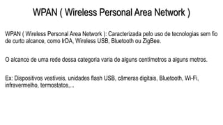 WPAN ( Wireless Personal Area Network )
WPAN ( Wireless Personal Area Network ): Caracterizada pelo uso de tecnologias sem fio
de curto alcance, como IrDA, Wireless USB, Bluetooth ou ZigBee.
O alcance de uma rede dessa categoria varia de alguns centímetros a alguns metros.
Ex: Dispositivos vestíveis, unidades flash USB, câmeras digitais, Bluetooth, Wi-Fi,
infravermelho, termostatos,...
 