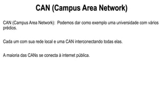 CAN (Campus Area Network)
CAN (Campus Area Network): Podemos dar como exemplo uma universidade com vários
prédios.
Cada um com sua rede local e uma CAN interconectando todas elas.
A maioria das CANs se conecta à internet pública.
 