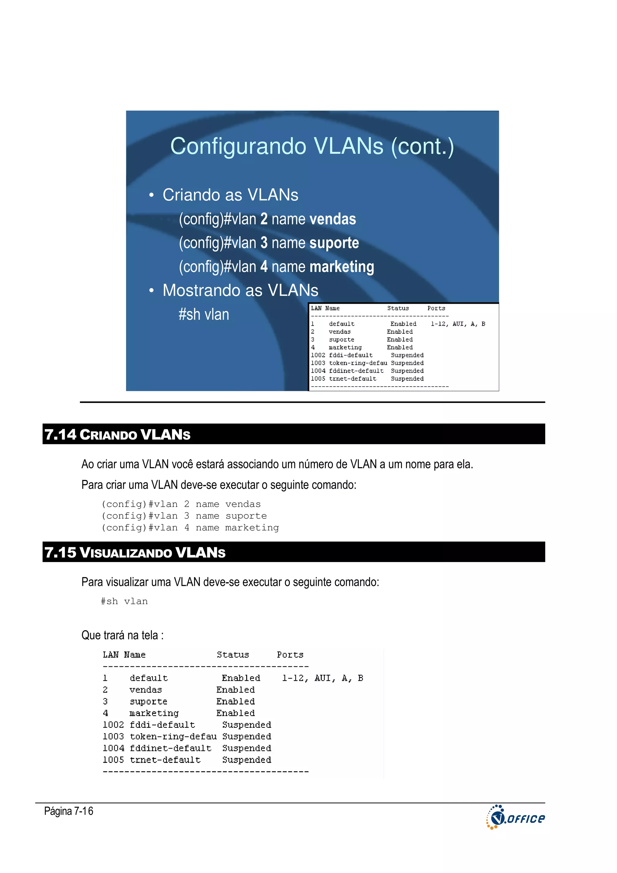Configurando VLANs (cont.)
• Criando as VLANs
(config)#vlan 2 name vendas
(config)#vlan 3 name suporte
(config)#vlan 4 name marketing
• Mostrando as VLANs
#sh vlan

7.14 CRIANDO VLANS
Ao criar uma VLAN você estará associando um número de VLAN a um nome para ela.
Para criar uma VLAN deve-se executar o seguinte comando:
(config)#vlan 2 name vendas
(config)#vlan 3 name suporte
(config)#vlan 4 name marketing

7.15 VISUALIZANDO VLANS
Para visualizar uma VLAN deve-se executar o seguinte comando:
#sh vlan

Que trará na tela :

Página 7-16

 