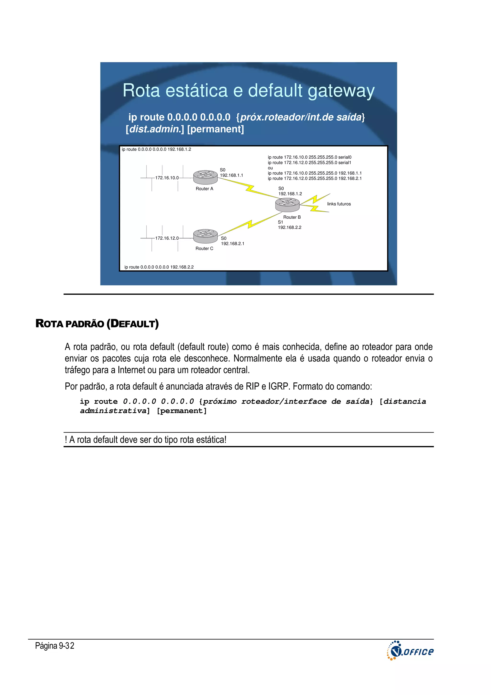 Rota estática e default gateway
ip route 0.0.0.0 0.0.0.0 {próx.roteador/int.de saída}
[dist.admin.] [permanent]
ip route 0.0.0.0 0.0.0.0 192.168.1.2

S0
192.168.1.1

172.16.10.0

ip route 172.16.10.0 255.255.255.0 serial0
ip route 172.16.12.0 255.255.255.0 serial1
ou
ip route 172.16.10.0 255.255.255.0 192.168.1.1
ip route 172.16.12.0 255.255.255.0 192.168.2.1
S0
192.168.1.2

Router A

links futuros
Router B
S1
192.168.2.2
172.16.12.0
Router C

S0
192.168.2.1

ip route 0.0.0.0 0.0.0.0 192.168.2.2

ROTA PADRÃO (DEFAULT)
A rota padrão, ou rota default (default route) como é mais conhecida, define ao roteador para onde
enviar os pacotes cuja rota ele desconhece. Normalmente ela é usada quando o roteador envia o
tráfego para a Internet ou para um roteador central.
Por padrão, a rota default é anunciada através de RIP e IGRP. Formato do comando:
ip route 0.0.0.0 0.0.0.0 {próximo roteador/interface de saída} [distancia
administrativa] [permanent]

! A rota default deve ser do tipo rota estática!

Página 9-32

 