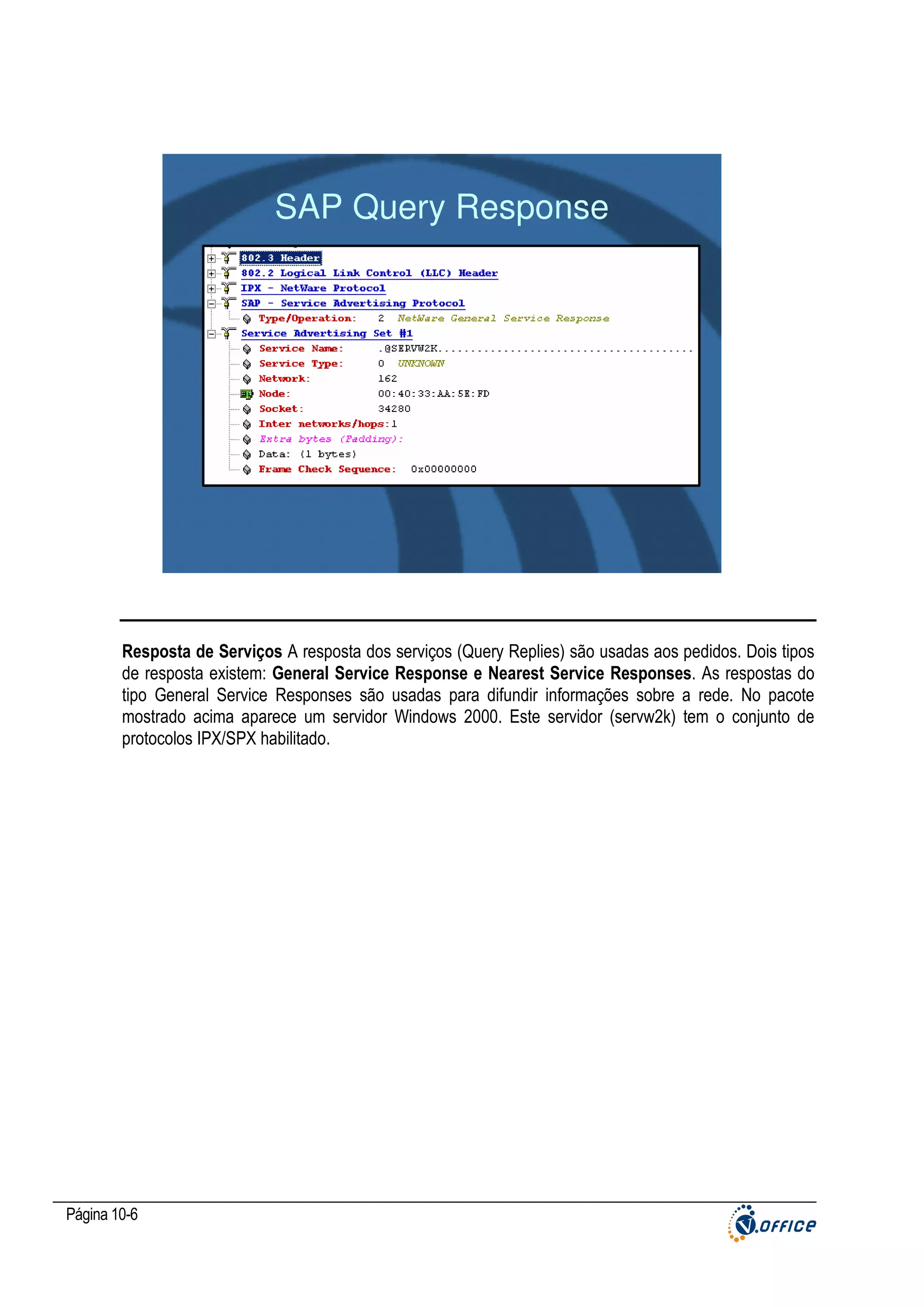 SAP Query Response

Resposta de Serviços A resposta dos serviços (Query Replies) são usadas aos pedidos. Dois tipos
de resposta existem: General Service Response e Nearest Service Responses. As respostas do
tipo General Service Responses são usadas para difundir informações sobre a rede. No pacote
mostrado acima aparece um servidor Windows 2000. Este servidor (servw2k) tem o conjunto de
protocolos IPX/SPX habilitado.

Página 10-6

 