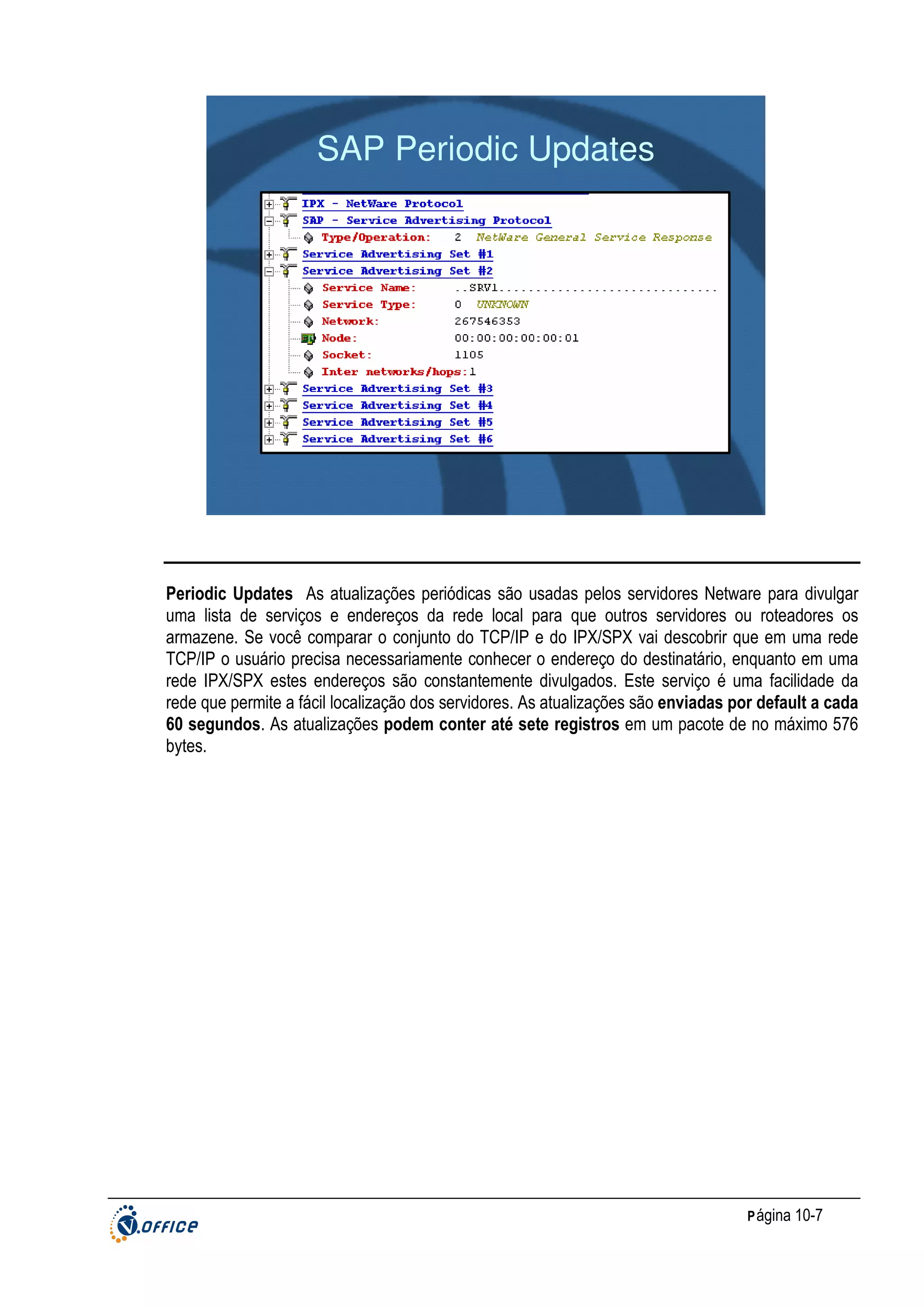 SAP Periodic Updates

Periodic Updates As atualizações periódicas são usadas pelos servidores Netware para divulgar
uma lista de serviços e endereços da rede local para que outros servidores ou roteadores os
armazene. Se você comparar o conjunto do TCP/IP e do IPX/SPX vai descobrir que em uma rede
TCP/IP o usuário precisa necessariamente conhecer o endereço do destinatário, enquanto em uma
rede IPX/SPX estes endereços são constantemente divulgados. Este serviço é uma facilidade da
rede que permite a fácil localização dos servidores. As atualizações são enviadas por default a cada
60 segundos. As atualizações podem conter até sete registros em um pacote de no máximo 576
bytes.

P ágina 10-7

 