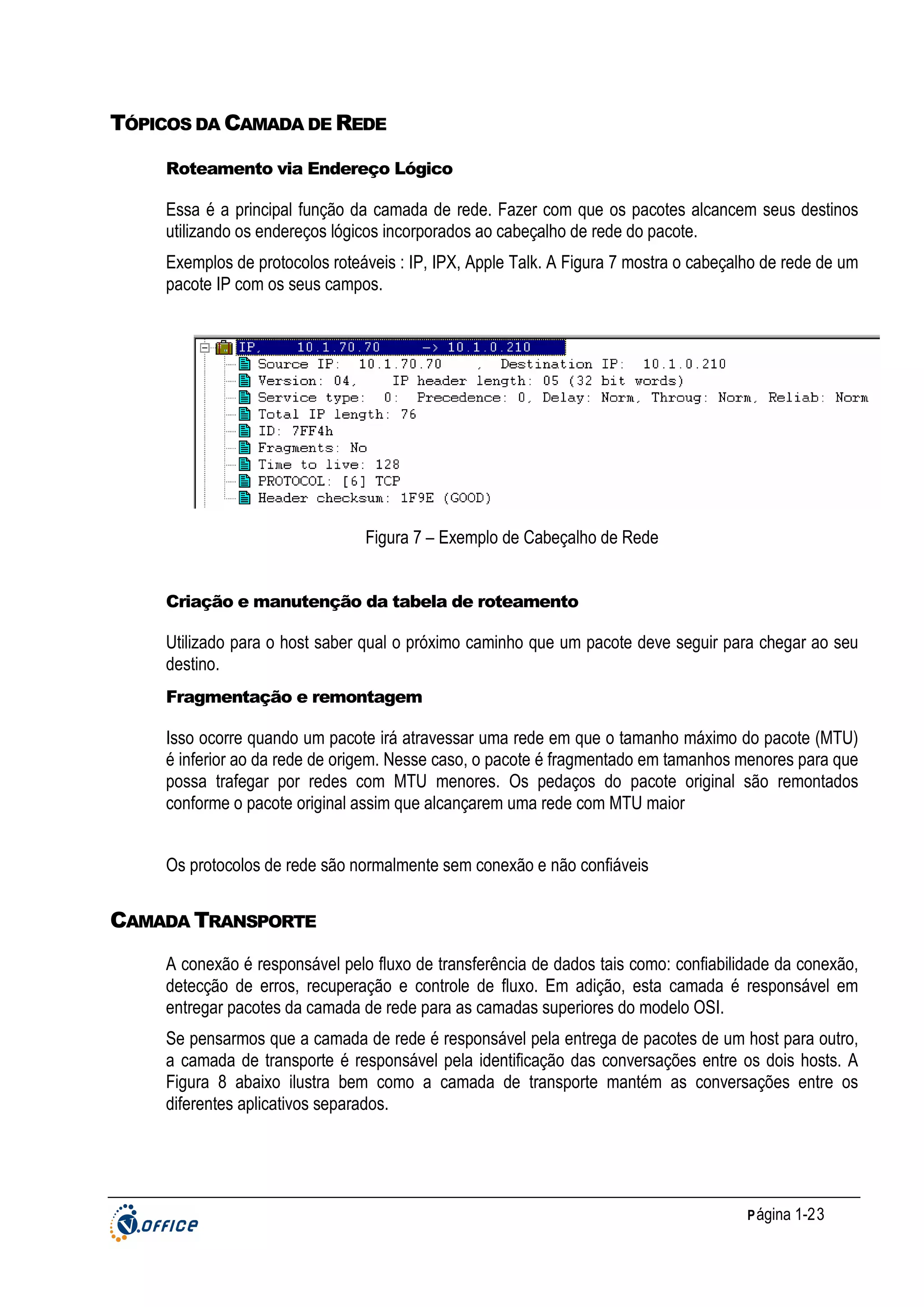 TÓPICOS DA CAMADA DE REDE
Roteamento via Endereço Lógico

Essa é a principal função da camada de rede. Fazer com que os pacotes alcancem seus destinos
utilizando os endereços lógicos incorporados ao cabeçalho de rede do pacote.
Exemplos de protocolos roteáveis : IP, IPX, Apple Talk. A Figura 7 mostra o cabeçalho de rede de um
pacote IP com os seus campos.

Figura 7 – Exemplo de Cabeçalho de Rede

Criação e manutenção da tabela de roteamento

Utilizado para o host saber qual o próximo caminho que um pacote deve seguir para chegar ao seu
destino.
Fragmentação e remontagem

Isso ocorre quando um pacote irá atravessar uma rede em que o tamanho máximo do pacote (MTU)
é inferior ao da rede de origem. Nesse caso, o pacote é fragmentado em tamanhos menores para que
possa trafegar por redes com MTU menores. Os pedaços do pacote original são remontados
conforme o pacote original assim que alcançarem uma rede com MTU maior
Os protocolos de rede são normalmente sem conexão e não confiáveis

CAMADA TRANSPORTE
A conexão é responsável pelo fluxo de transferência de dados tais como: confiabilidade da conexão,
detecção de erros, recuperação e controle de fluxo. Em adição, esta camada é responsável em
entregar pacotes da camada de rede para as camadas superiores do modelo OSI.
Se pensarmos que a camada de rede é responsável pela entrega de pacotes de um host para outro,
a camada de transporte é responsável pela identificação das conversações entre os dois hosts. A
Figura 8 abaixo ilustra bem como a camada de transporte mantém as conversações entre os
diferentes aplicativos separados.

P ágina 1-23

 