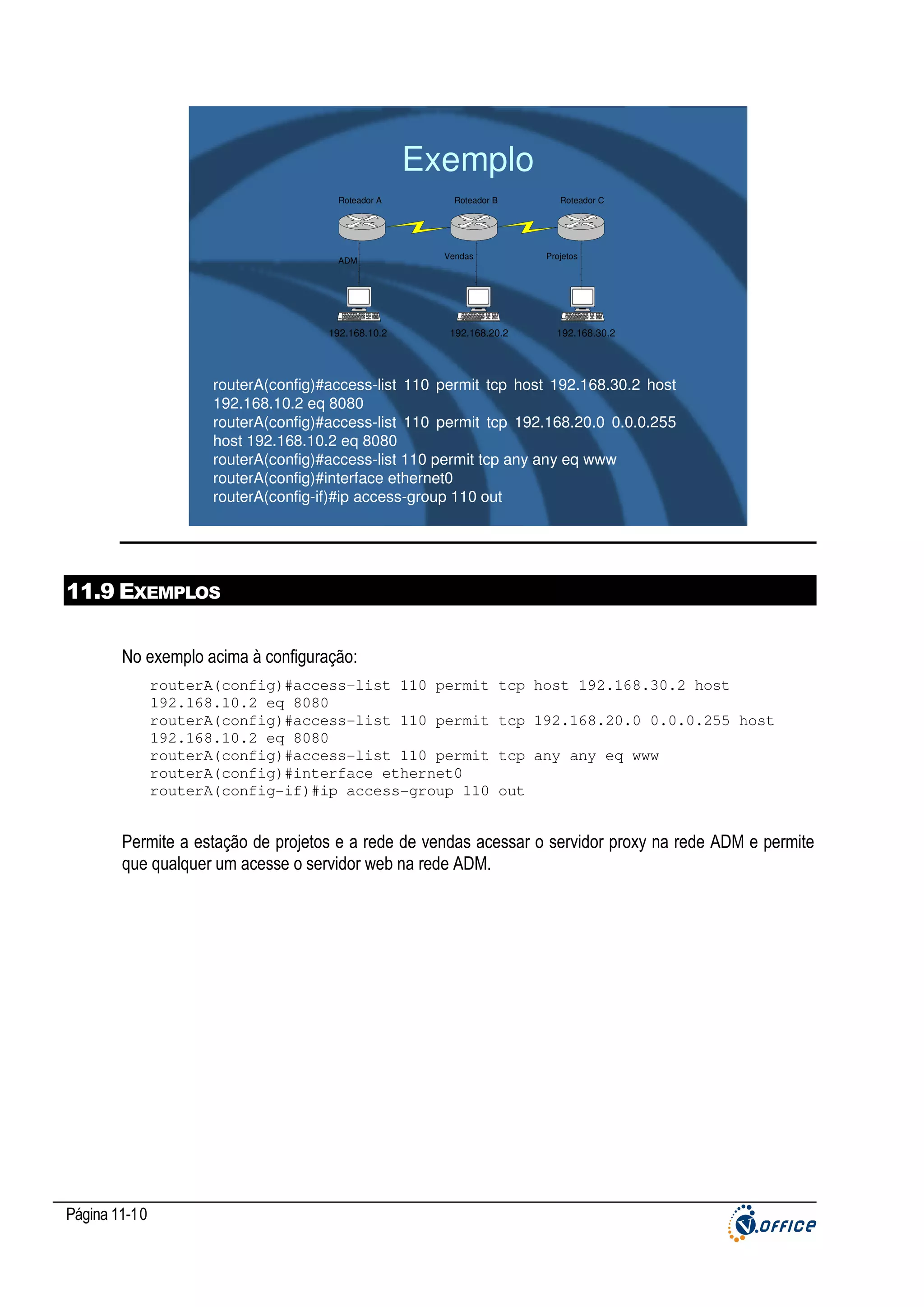 Exemplo
Roteador A

ADM

192.168.10.2

Roteador B

Roteador C

Vendas

Projetos

192.168.20.2

192.168.30.2

routerA(config)#access-list 110 permit tcp host 192.168.30.2 host
192.168.10.2 eq 8080
routerA(config)#access-list 110 permit tcp 192.168.20.0 0.0.0.255
host 192.168.10.2 eq 8080
routerA(config)#access-list 110 permit tcp any any eq www
routerA(config)#interface ethernet0
routerA(config-if)#ip access-group 110 out

11.9 EXEMPLOS
No exemplo acima à configuração:
routerA(config)#access-list 110 permit
192.168.10.2 eq 8080
routerA(config)#access-list 110 permit
192.168.10.2 eq 8080
routerA(config)#access-list 110 permit
routerA(config)#interface ethernet0
routerA(config-if)#ip access-group 110

tcp host 192.168.30.2 host
tcp 192.168.20.0 0.0.0.255 host
tcp any any eq www
out

Permite a estação de projetos e a rede de vendas acessar o servidor proxy na rede ADM e permite
que qualquer um acesse o servidor web na rede ADM.

Página 11-10

 