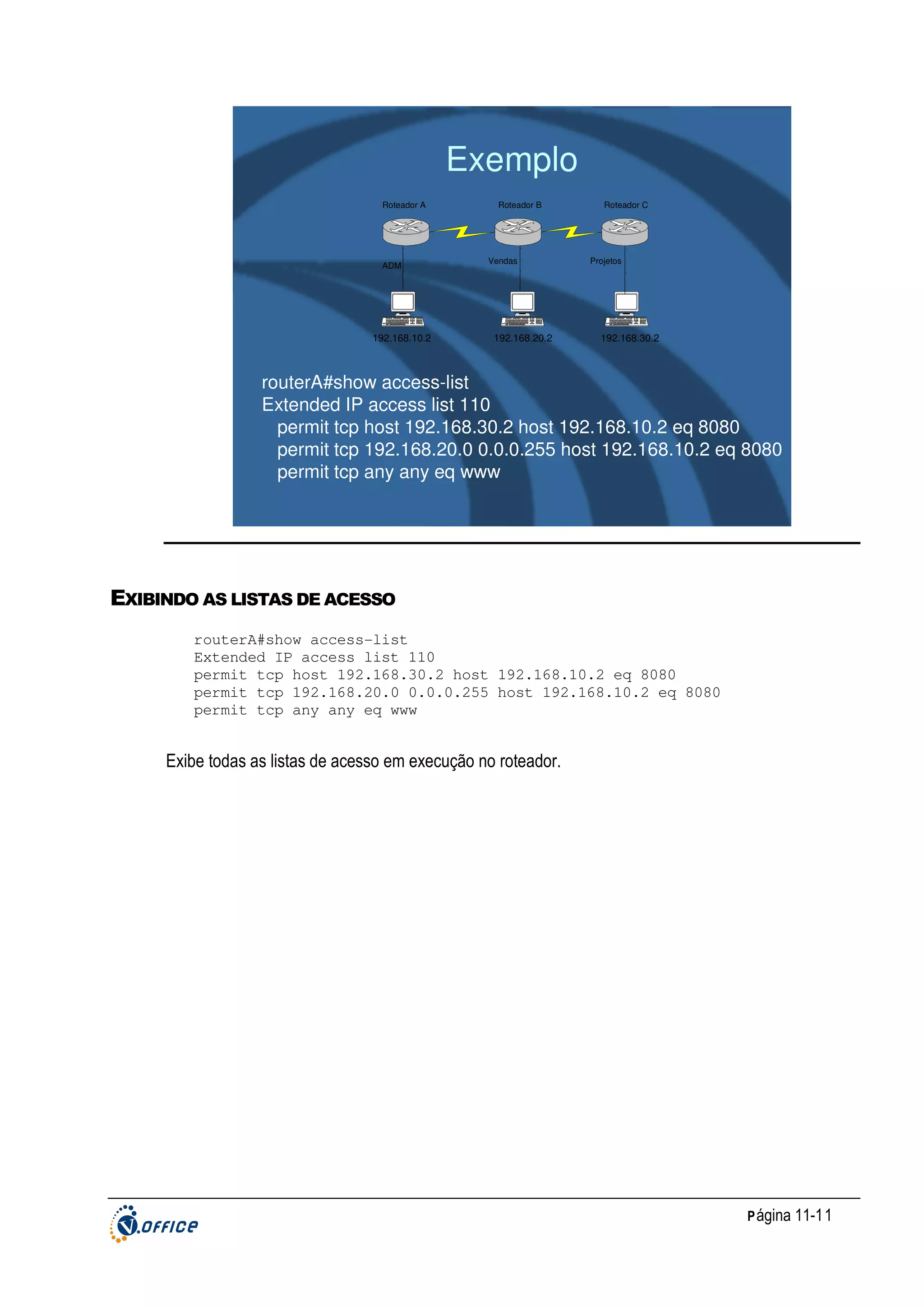Exemplo
Roteador A

ADM

192.168.10.2

Roteador B

Vendas

192.168.20.2

Roteador C

Projetos

192.168.30.2

routerA#show access-list
Extended IP access list 110
permit tcp host 192.168.30.2 host 192.168.10.2 eq 8080
permit tcp 192.168.20.0 0.0.0.255 host 192.168.10.2 eq 8080
permit tcp any any eq www

EXIBINDO AS LISTAS DE ACESSO
routerA#show access-list
Extended IP access list 110
permit tcp host 192.168.30.2 host 192.168.10.2 eq 8080
permit tcp 192.168.20.0 0.0.0.255 host 192.168.10.2 eq 8080
permit tcp any any eq www

Exibe todas as listas de acesso em execução no roteador.

P ágina 11-11

 