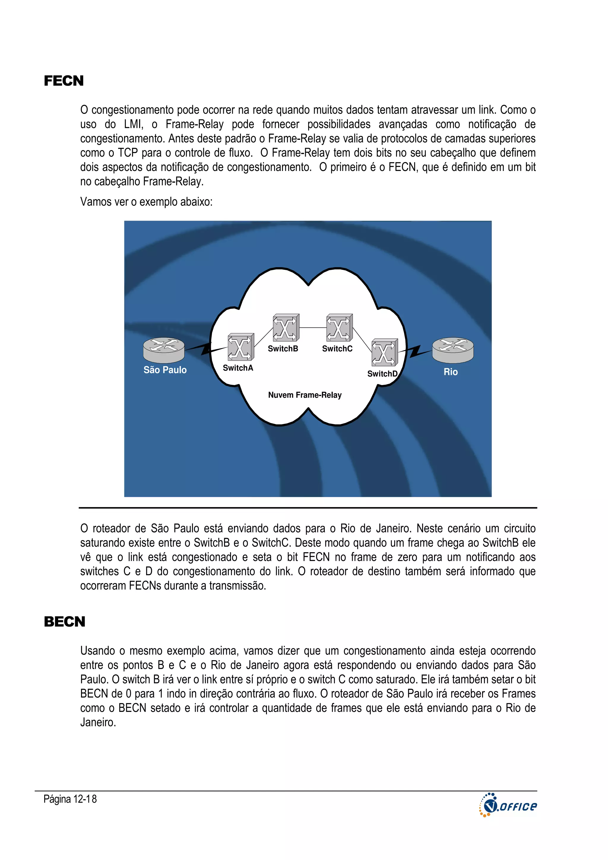 FECN
O congestionamento pode ocorrer na rede quando muitos dados tentam atravessar um link. Como o
uso do LMI, o Frame-Relay pode fornecer possibilidades avançadas como notificação de
congestionamento. Antes deste padrão o Frame-Relay se valia de protocolos de camadas superiores
como o TCP para o controle de fluxo. O Frame-Relay tem dois bits no seu cabeçalho que definem
dois aspectos da notificação de congestionamento. O primeiro é o FECN, que é definido em um bit
no cabeçalho Frame-Relay.
Vamos ver o exemplo abaixo:

SwitchB

São Paulo

SwitchC

SwitchA

SwitchD

Rio

Nuvem Frame-Relay

O roteador de São Paulo está enviando dados para o Rio de Janeiro. Neste cenário um circuito
saturando existe entre o SwitchB e o SwitchC. Deste modo quando um frame chega ao SwitchB ele
vê que o link está congestionado e seta o bit FECN no frame de zero para um notificando aos
switches C e D do congestionamento do link. O roteador de destino também será informado que
ocorreram FECNs durante a transmissão.

BECN
Usando o mesmo exemplo acima, vamos dizer que um congestionamento ainda esteja ocorrendo
entre os pontos B e C e o Rio de Janeiro agora está respondendo ou enviando dados para São
Paulo. O switch B irá ver o link entre sí próprio e o switch C como saturado. Ele irá também setar o bit
BECN de 0 para 1 indo in direção contrária ao fluxo. O roteador de São Paulo irá receber os Frames
como o BECN setado e irá controlar a quantidade de frames que ele está enviando para o Rio de
Janeiro.

Página 12-18

 