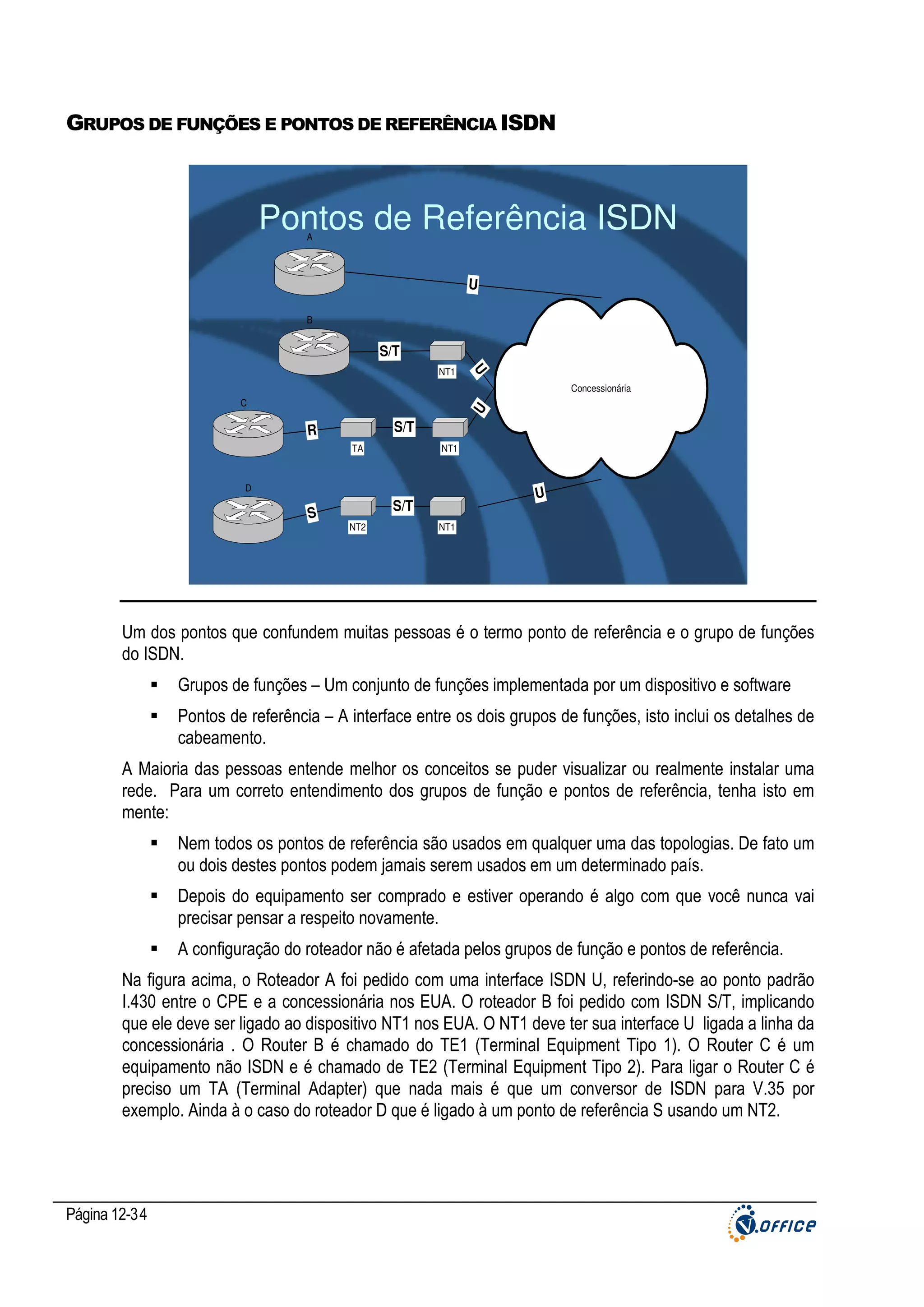 GRUPOS DE FUNÇÕES E PONTOS DE REFERÊNCIA ISDN

Pontos de Referência ISDN
A

U
B

S/T

U

NT1

Concessionária

U

C

S/T

R
TA

NT1

D

S

U

S/T
NT2

NT1

Um dos pontos que confundem muitas pessoas é o termo ponto de referência e o grupo de funções
do ISDN.
Grupos de funções – Um conjunto de funções implementada por um dispositivo e software
Pontos de referência – A interface entre os dois grupos de funções, isto inclui os detalhes de
cabeamento.
A Maioria das pessoas entende melhor os conceitos se puder visualizar ou realmente instalar uma
rede. Para um correto entendimento dos grupos de função e pontos de referência, tenha isto em
mente:
Nem todos os pontos de referência são usados em qualquer uma das topologias. De fato um
ou dois destes pontos podem jamais serem usados em um determinado país.
Depois do equipamento ser comprado e estiver operando é algo com que você nunca vai
precisar pensar a respeito novamente.
A configuração do roteador não é afetada pelos grupos de função e pontos de referência.
Na figura acima, o Roteador A foi pedido com uma interface ISDN U, referindo-se ao ponto padrão
I.430 entre o CPE e a concessionária nos EUA. O roteador B foi pedido com ISDN S/T, implicando
que ele deve ser ligado ao dispositivo NT1 nos EUA. O NT1 deve ter sua interface U ligada a linha da
concessionária . O Router B é chamado do TE1 (Terminal Equipment Tipo 1). O Router C é um
equipamento não ISDN e é chamado de TE2 (Terminal Equipment Tipo 2). Para ligar o Router C é
preciso um TA (Terminal Adapter) que nada mais é que um conversor de ISDN para V.35 por
exemplo. Ainda à o caso do roteador D que é ligado à um ponto de referência S usando um NT2.

Página 12-34

 