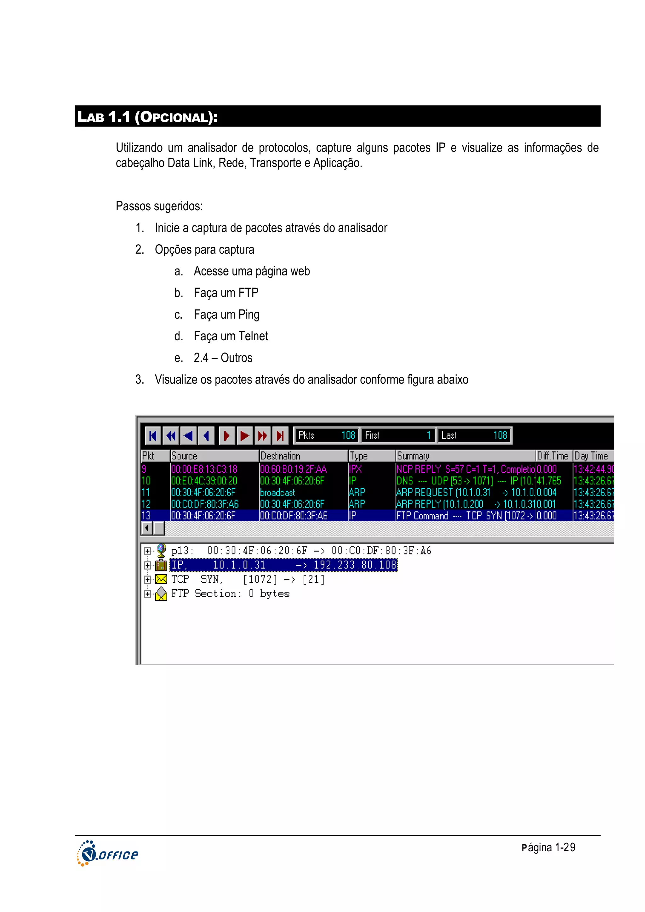 LAB 1.1 (OPCIONAL):
Utilizando um analisador de protocolos, capture alguns pacotes IP e visualize as informações de
cabeçalho Data Link, Rede, Transporte e Aplicação.
Passos sugeridos:
1. Inicie a captura de pacotes através do analisador
2. Opções para captura
a. Acesse uma página web
b. Faça um FTP
c. Faça um Ping
d. Faça um Telnet
e. 2.4 – Outros
3. Visualize os pacotes através do analisador conforme figura abaixo

P ágina 1-29

 