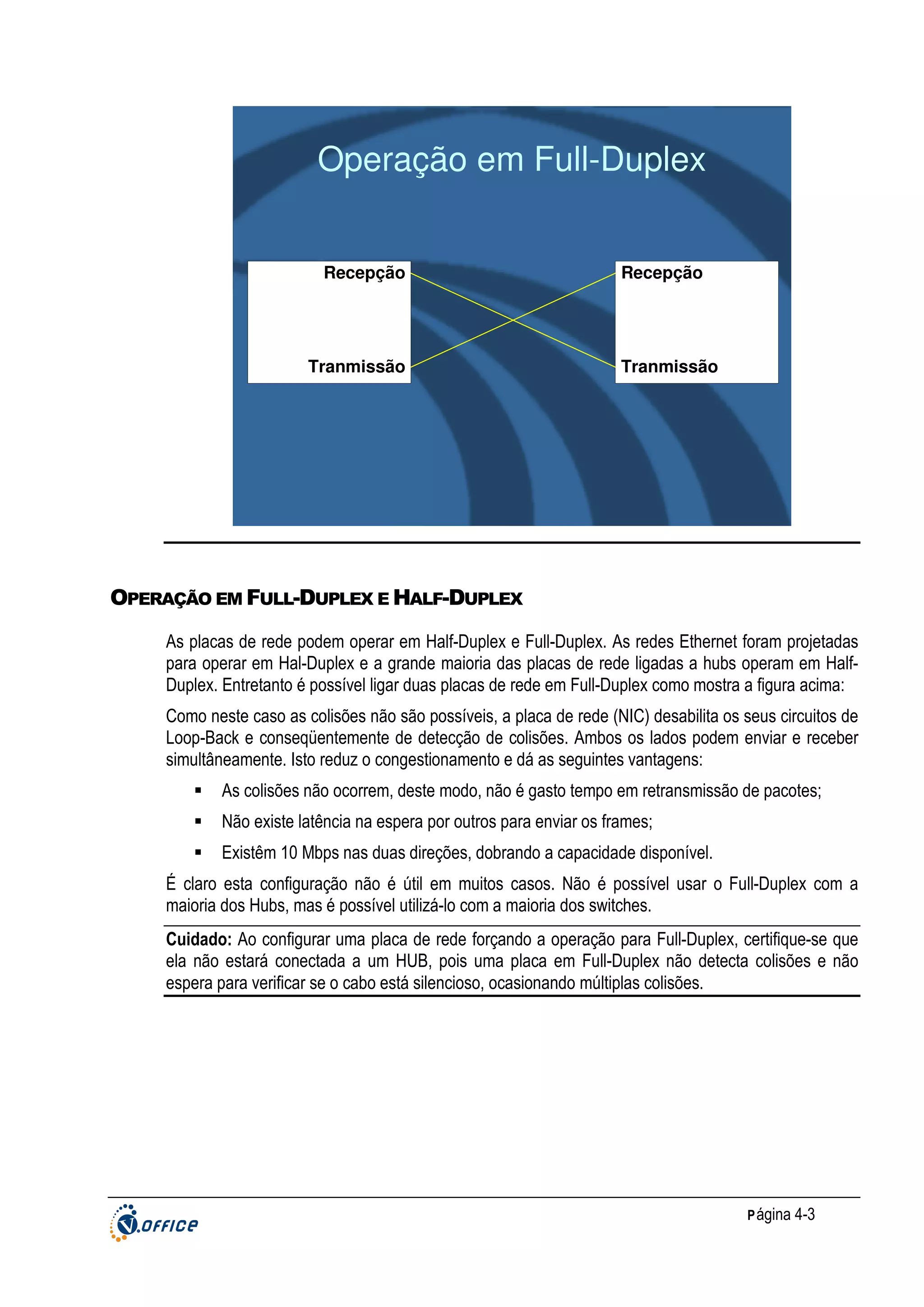 Operação em Full-Duplex
Recepção

Tranmissão

Recepção

Tranmissão

OPERAÇÃO EM FULL-DUPLEX E HALF-DUPLEX
As placas de rede podem operar em Half-Duplex e Full-Duplex. As redes Ethernet foram projetadas
para operar em Hal-Duplex e a grande maioria das placas de rede ligadas a hubs operam em HalfDuplex. Entretanto é possível ligar duas placas de rede em Full-Duplex como mostra a figura acima:
Como neste caso as colisões não são possíveis, a placa de rede (NIC) desabilita os seus circuitos de
Loop-Back e conseqüentemente de detecção de colisões. Ambos os lados podem enviar e receber
simultâneamente. Isto reduz o congestionamento e dá as seguintes vantagens:
As colisões não ocorrem, deste modo, não é gasto tempo em retransmissão de pacotes;
Não existe latência na espera por outros para enviar os frames;
Existêm 10 Mbps nas duas direções, dobrando a capacidade disponível.
É claro esta configuração não é útil em muitos casos. Não é possível usar o Full-Duplex com a
maioria dos Hubs, mas é possível utilizá-lo com a maioria dos switches.
Cuidado: Ao configurar uma placa de rede forçando a operação para Full-Duplex, certifique-se que
ela não estará conectada a um HUB, pois uma placa em Full-Duplex não detecta colisões e não
espera para verificar se o cabo está silencioso, ocasionando múltiplas colisões.

P ágina 4-3

 