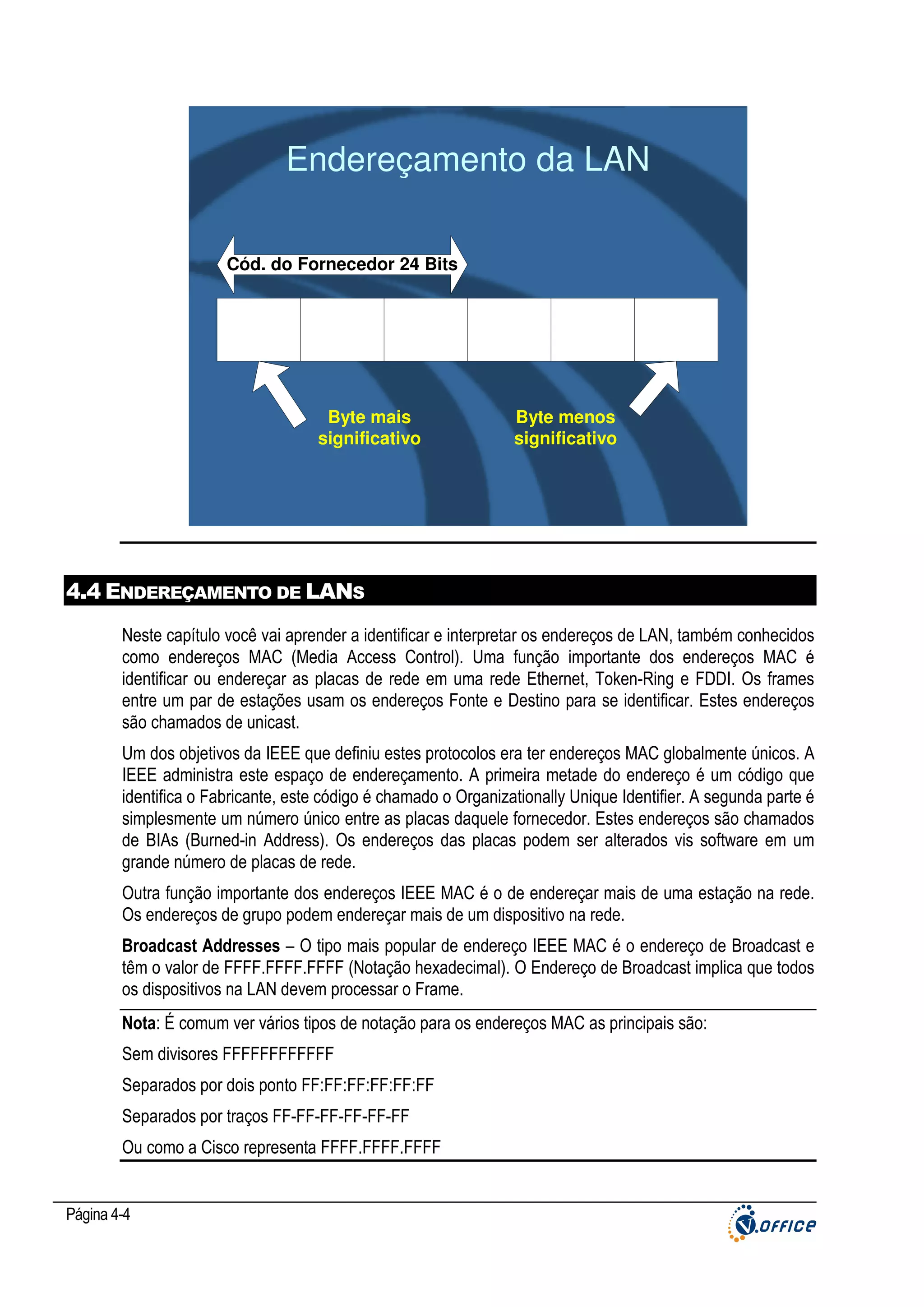 Endereçamento da LAN
Cód. do Fornecedor 24 Bits

Byte mais
significativo

Byte menos
significativo

4.4 ENDEREÇAMENTO DE LANS
Neste capítulo você vai aprender a identificar e interpretar os endereços de LAN, também conhecidos
como endereços MAC (Media Access Control). Uma função importante dos endereços MAC é
identificar ou endereçar as placas de rede em uma rede Ethernet, Token-Ring e FDDI. Os frames
entre um par de estações usam os endereços Fonte e Destino para se identificar. Estes endereços
são chamados de unicast.
Um dos objetivos da IEEE que definiu estes protocolos era ter endereços MAC globalmente únicos. A
IEEE administra este espaço de endereçamento. A primeira metade do endereço é um código que
identifica o Fabricante, este código é chamado o Organizationally Unique Identifier. A segunda parte é
simplesmente um número único entre as placas daquele fornecedor. Estes endereços são chamados
de BIAs (Burned-in Address). Os endereços das placas podem ser alterados vis software em um
grande número de placas de rede.
Outra função importante dos endereços IEEE MAC é o de endereçar mais de uma estação na rede.
Os endereços de grupo podem endereçar mais de um dispositivo na rede.
Broadcast Addresses – O tipo mais popular de endereço IEEE MAC é o endereço de Broadcast e
têm o valor de FFFF.FFFF.FFFF (Notação hexadecimal). O Endereço de Broadcast implica que todos
os dispositivos na LAN devem processar o Frame.
Nota: É comum ver vários tipos de notação para os endereços MAC as principais são:
Sem divisores FFFFFFFFFFFF
Separados por dois ponto FF:FF:FF:FF:FF:FF
Separados por traços FF-FF-FF-FF-FF-FF
Ou como a Cisco representa FFFF.FFFF.FFFF

Página 4-4

 