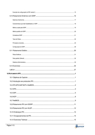 Exemplo de configuração do RIP versão 2........................................................................................................................ 15

9.10 Roteamento Dinâmico com IGRP ...............................................................................................16
Sistemas Autônomos.......................................................................................................................................................... 17
Características que dão Estabilidade ao IGRP................................................................................................................. 18
Métrica usada pelo IGRP.................................................................................................................................................... 19
Métrica padrão do IGRP..................................................................................................................................................... 20
Contadores IGRP ............................................................................................................................................................... 21
Tipos de Rotas.................................................................................................................................................................... 22
Principais comandos........................................................................................................................................................... 23
Configuração do IGRP........................................................................................................................................................ 29

9.11 Roteamento Estático ....................................................................................................................30
Rotas Estáticas ................................................................................................................................................................... 31
Rota padrão (Default) ......................................................................................................................................................... 32
Distância Administrativa...................................................................................................................................................... 33

9.12 Exercícios:.....................................................................................................................................34
LAB 9.1 ..................................................................................................................................................37
10 ROTEAMENTO IPX ......................................................................................................................................1
10.1 Objetivos do Capítulo .....................................................................................................................1
10.2 Introdução aos protocolos IPX.......................................................................................................1
10.3 IPX,SPX,SAP,NCP e NetBIOS......................................................................................................2
10.4 SPX..................................................................................................................................................3
10.5 SAP..................................................................................................................................................5
10.6 NCP .................................................................................................................................................8
10.7 NetBIOS ..........................................................................................................................................9
10.8 Roteamento IPX com EIGRP ......................................................................................................11
10.9 Roteamento IPX com NLSP ........................................................................................................12
10.10 Endereços IPX............................................................................................................................13
10.11 Encapsulamentos do IPX...........................................................................................................14
10.12 Exercícios Teóricos: ...................................................................................................................15

Página 1-10

 