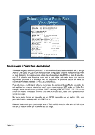 Selecionando a Ponte Raiz
(Root Bridge)

SELECIONANDO A PONTE RAIZ (ROOT BRIDGE)
Switches e bridges que rodam o protocolo STP trocam informações que são chamados BPUD (Bridge
Protocol Units Data). BPUDs enviam mensagem com configuração utilizando frames multicast. O ID
de cada dispositivo é enviado para os outros dispositivos através das BPUDs, a cada 2 segundos,
este ID é utilizado para determinar quem será a root bridge, pois neles temos dois campos
importantes, prioridade e o endereço MAC do dispositivo. A prioridade default em todos os
dispositivos rodando o protocolo STP IEEE é 32768 (0x8000).
Para determinar a root bridge é feita uma combinação dos campos endereço MAC e prioridade. Se
dois switches tem a mesma prioridade o switch com o menor endereço MAC será a root bridge. Por
exemplo, temos um switch com prioridade 0x8000 e endereço MAC:0000.0C00.1111.1111 e outro
switch com mesma prioridade e endereço MAC:0000.0C00.2222.2222, neste caso o primeiro switch
será a root bridge.
Na figura abaixo temos um cabeçalho de um BPUD transmitido por um switch 1900, com
prioridade:0x8000 e endereço MAC:00:b0:64:75:6b:c0.
Podemos observar na figura que o campo “Cost of Path to Root” esta com valor zero, isto indica que
esta BPUD é de um switch que atualmente é a root bridge.

Página 5-14

 
