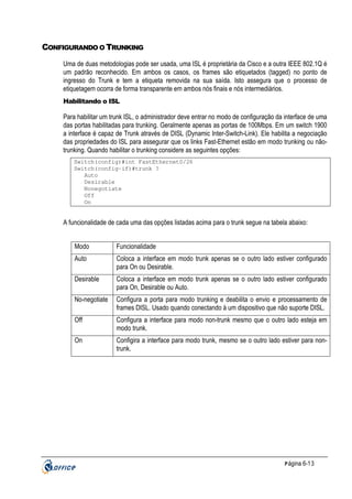 CONFIGURANDO O TRUNKING
Uma de duas metodologias pode ser usada, uma ISL é proprietária da Cisco e a outra IEEE 802.1Q é
um padrão reconhecido. Em ambos os casos, os frames são etiquetados (tagged) no ponto de
ingresso do Trunk e tem a etiqueta removida na sua saída. Isto assegura que o processo de
etiquetagem ocorra de forma transparente em ambos nós finais e nós intermediários.
Habilitando o ISL

Para habilitar um trunk ISL, o administrador deve entrar no modo de configuração da interface de uma
das portas habilitadas para trunking. Geralmente apenas as portas de 100Mbps. Em um switch 1900
a interface é capaz de Trunk através de DISL (Dynamic Inter-Switch-Link). Ele habilita a negociação
das propriedades do ISL para assegurar que os links Fast-Ethernet estão em modo trunking ou nãotrunking. Quando habilitar o trunking considere as seguintes opções:
Switch(config)#int FastEthernet0/26
Switch(config-if)#trunk ?
Auto
Desirable
Nonegotiate
Off
On

A funcionalidade de cada uma das opções listadas acima para o trunk segue na tabela abaixo:
Modo

Funcionalidade

Auto

Coloca a interface em modo trunk apenas se o outro lado estiver configurado
para On ou Desirable.

Desirable

Coloca a interface em modo trunk apenas se o outro lado estiver configurado
para On, Desirable ou Auto.

No-negotiate

Configura a porta para modo trunking e deabilita o envio e processamento de
frames DISL. Usado quando conectando à um dispositivo que não suporte DISL.

Off

Configura a interface para modo non-trunk mesmo que o outro lado esteja em
modo trunk.

On

Configira a interface para modo trunk, mesmo se o outro lado estiver para nontrunk.

P ágina 6-13

 