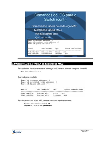 Comandos do IOS para o
Switch (cont.)
• Gerenciando tabela de endereço MAC
• Mostrando tabela MAC
#sh mac-address-table
Que trará na tela:

7.9 GERENCIANDO A TABELA DE ENDEREÇOS MAC
Para podermos visualizar a tabela de endereços MAC, deve-se executar o seguinte comando:
#sh mac-address-table

Que trará como resultado:

Para limparmos uma tabela MAC, deve-se executar o seguinte comando:
#clear mac-address-table ?*
*dynamic, static ou permanent

P ágina 7-11

 