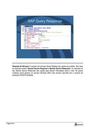 SAP Query Response

Resposta de Serviços A resposta dos serviços (Query Replies) são usadas aos pedidos. Dois tipos
de resposta existem: General Service Response e Nearest Service Responses. As respostas do
tipo General Service Responses são usadas para difundir informações sobre a rede. No pacote
mostrado acima aparece um servidor Windows 2000. Este servidor (servw2k) tem o conjunto de
protocolos IPX/SPX habilitado.

Página 10-6

 