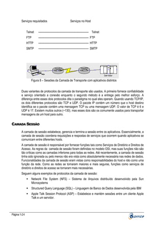 Serviços requisitados

Serviços no Host

Telnet

-------------------------------------------------------- Telnet

FTP

-------------------------------------------------------- FTP

HTTP

-------------------------------------------------------- HTTP

SMTP

-------------------------------------------------------- SMTP

Figura 8 – Sessões da Camada de Transporte com aplicativos distintos
Duas variantes de protocolos da camada de transporte são usados. A primeira fornece confiabilidade
e serviço orientado a conexão enquanto o segundo método é a entrega pelo melhor esforço. A
diferença entre esses dois protocolos dita o paradigma no qual eles operam. Quando usando TCP/IP,
os dois diferentes protocolos são TCP e UDP. O pacote IP contém um número que o host destino
identifica se o pacote contém uma mensagem TCP ou uma mensagem UDP. O valor de TCP é 6 e
UDP é 17. Existem muitos outros (~130), mas esses dois são os comumente usados para transportar
mensagens de um host para outro.

CAMADA SESSÃO
A camada de sessão estabelece, gerencia e termina a sessão entre os aplicativos. Essencialmente, a
camada de sessão coordena requisições e respostas de serviços que ocorrem quando aplicativos se
comunicam entre diferentes hosts.
A camada de sessão é responsável por fornecer funções tais como Serviços de Diretório e Direitos de
Acesso. As regras da camada de sessão foram definidas no modelo OSI, mas suas funções não são
tão críticas como as camadas inferiores para todas as redes. Até recentemente, a camada de sessão
tinha sido ignorada ou pelo menos não era vista como absolutamente necessária nas redes de dados.
Funcionalidades da camada de sessão eram vistas como responsabilidades do host e não como uma
função da rede. Como as redes se tornaram maiores e mais seguras, funções como serviços de
diretório e direitos de acesso se tornaram mais necessárias.
Seguem alguns exemplos de protocolos da camada de sessão:
Network File System (NFS) – Sistema de Arquivos distribuído desenvolvido pela Sun
Microsystems
Structured Query Language (SQL) – Linguagem de Banco de Dados desenvolvida pela IBM
Apple Talk Session Protocol (ASP) – Estabelece e mantém sessões entre um cliente Apple
Talk e um servidor.

Página 1-24

 