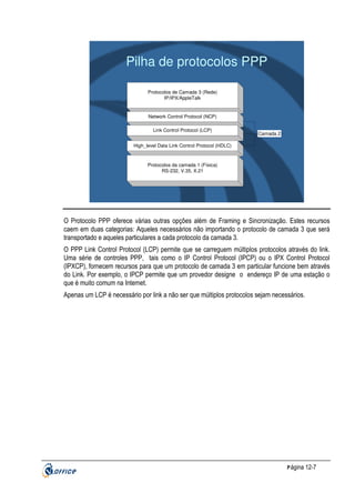 Pilha de protocolos PPP
Protocolos de Camada 3 (Rede)
IP/IPX/AppleTalk

Network Control Protocol (NCP)
Link Control Protocol (LCP)

Camada 2

High_level Data Link Control Protocol (HDLC)

Protocolos da camada 1 (Física)
RS-232, V.35, X.21

O Protocolo PPP oferece várias outras opções além de Framing e Sincronização. Estes recursos
caem em duas categorias: Aqueles necessários não importando o protocolo de camada 3 que será
transportado e aqueles particulares a cada protocolo da camada 3.
O PPP Link Control Protocol (LCP) permite que se carreguem múltiplos protocolos através do link.
Uma série de controles PPP, tais como o IP Control Protocol (IPCP) ou o IPX Control Protocol
(IPXCP), fornecem recursos para que um protocolo de camada 3 em particular funcione bem através
do Link. Por exemplo, o IPCP permite que um provedor designe o endereço IP de uma estação o
que é muito comum na Internet.
Apenas um LCP é necessário por link a não ser que múltiplos protocolos sejam necessários.

P ágina 12-7

 