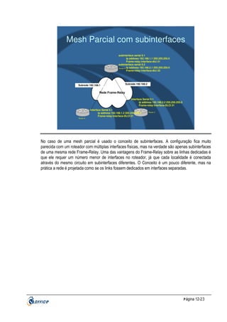 Mesh Parcial com subinterfaces
subinterface serial 0.1
ip address 192.168.1.1 255.255.255.0
Frame-relay interface-dlci 21
subinterface serial 0.2
Router B ip address 192.168.2.1 255.255.255.0
Frame-relay interface-dlci 22

Subrede 192.168.1

Subrede 192.168.2

Rede Frame-Relay
Interface Serial 0.1
ip address 192.168.2.2 255.255.255.0
Frame-relay Interface-DLCI 21

Router A

Interface Serial 0.1
ip address 192.168.1.2 255.255.255.0
Frame-relay Interface-DLCI 21

Router C

No caso de uma mesh parcial é usado o conceito de subinterfaces. A configuração fica muito
parecida com um roteador com múltiplas interfaces físicas, mas na verdade são apenas subinterfaces
de uma mesma rede Frame-Relay. Uma das vantagens do Frame-Relay sobre as linhas dedicadas é
que ele requer um número menor de interfaces no roteador, já que cada localidade é conectada
através do mesmo circuito em subinterfaces diferentes. O Conceito é um pouco diferente, mas na
prática a rede é projetada como se os links fossem dedicados em interfaces separadas.

P ágina 12-23

 