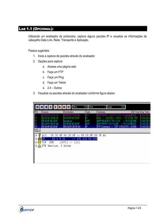 LAB 1.1 (OPCIONAL):
Utilizando um analisador de protocolos, capture alguns pacotes IP e visualize as informações de
cabeçalho Data Link, Rede, Transporte e Aplicação.
Passos sugeridos:
1. Inicie a captura de pacotes através do analisador
2. Opções para captura
a. Acesse uma página web
b. Faça um FTP
c. Faça um Ping
d. Faça um Telnet
e. 2.4 – Outros
3. Visualize os pacotes através do analisador conforme figura abaixo

P ágina 1-29

 