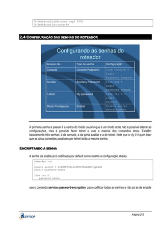 R-Sede(config)#router ospf 1000
R-Sede(config-router)#

2.4 CONFIGURAÇÃO DAS SENHAS DO ROTEADOR

Configurando as senhas do
roteador
Acesso de...

Tipo de senha

Configuração

Console

Console Password

Line Console 0
Login
Password segredo

Auxiliar

Auxiliary Password

Line aux 0
Login
Password secret

Telnet

Vty password

Line vty 0 4
Login
Secreto

Modo Privilegiado

Enable

Enable secret
secretíssimo

A primeira senha a passar é a senha do modo usuário que é um modo onde não é possível alterar as
configurações, mas é possível fazer telnet e usar a maioria dos comandos show. Existêm
basicamente três senhas, a da console, a da porta auxiliar e a de telnet. Note que o vty 0 4 quer dizer
que as cinco conexões possíveis por telnet terão a mesma senha.

ENCRIPTANDO A SENHA
A senha de enable já é codificada por default como mostra a configuração abaixo.
Sampa#sh run
!
enable secret 5 $1$HFP9$N1JufZVrFbdxXXh7gyhGX1
enable password senha
!
line con 0
password senha

use o comando service password-encryption para codificar todas as senhas e não só as de enable

P ágina 2-5

 
