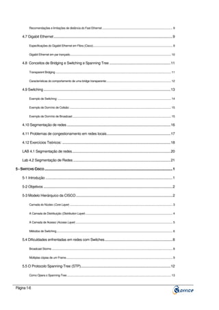 Recomendações e limitações de distância do Fast Ethernet .............................................................................................. 9

4.7 Gigabit Ethernet ................................................................................................................................9
Especificações do Gigabit Ethernet em Fibra (Cisco).......................................................................................................... 9
Gigabit Ethernet em par trançado....................................................................................................................................... 10

4.8 Conceitos de Bridging e Switching e Spanning Tree ..................................................................11
Transparent Bridging .......................................................................................................................................................... 11
Características do comportamento de uma bridge transparente:...................................................................................... 12

4.9 Switching .........................................................................................................................................13
Exemplo de Switching: ....................................................................................................................................................... 14
Exemplo de Domínio de Colisão: ....................................................................................................................................... 15
Exemplo de Domínio de Broadcast:................................................................................................................................... 15

4.10 Segmentação de redes ................................................................................................................16
4.11 Problemas de congestionamento em redes locais.....................................................................17
4.12 Exercícios Teóricos: .....................................................................................................................18
LAB 4.1 Segmentação de redes ..........................................................................................................20
Lab 4.2 Segmentação de Redes .........................................................................................................21
5 - SWITCHS CISCO ..........................................................................................................................................1
5-1 Introdução .........................................................................................................................................1
5-2 Objetivos ...........................................................................................................................................2
5-3 Modelo Hierárquico da CISCO ........................................................................................................2
Camada do Núcleo (Core Layer) ......................................................................................................................................... 3
A Camada de Distribuição (Distribution Layer) .................................................................................................................... 4
A Camada de Acesso (Access Layer) ................................................................................................................................. 5
Métodos de Switching........................................................................................................................................................... 6

5.4 Dificuldades enfrentadas em redes com Switches.........................................................................8
Broadcast Storms ................................................................................................................................................................. 8
Múltiplas cópias de um Frame.............................................................................................................................................. 9

5.5 O Protocolo Spanning-Tree (STP).................................................................................................12
Como Opera o Spanning-Tree........................................................................................................................................... 13

Página 1-6

 
