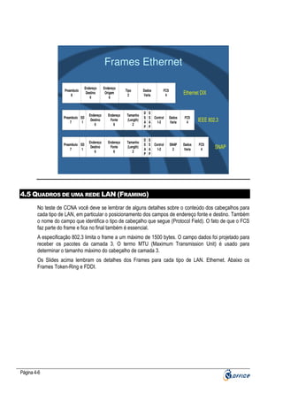 Frames Ethernet
Preambulo
8

Endereço
Destino
6

Endereço
Origem
6

Tipo
2

Dados
Varia

FCS
4

Ethernet DIX

Preambulo SD
7
1

Endereço
Destino
6

Endereço
Fonte
6

Tamanho
(Length)
2

D
S
A
P

S
S Control
A
1-2
P

Dados
Varia

FCS
4

Preambulo SD
7
1

Endereço
Destino
6

Endereço
Fonte
6

Tamanho
(Length)
2

D
S
A
P

S
S Control
A
1-2
P

SNAP
2

Dados
Varia

IEEE 802.3

FCS
4

SNAP

4.5 QUADROS DE UMA REDE LAN (FRAMING)
No teste de CCNA você deve se lembrar de alguns detalhes sobre o conteúdo dos cabeçalhos para
cada tipo de LAN, em particular o posicionamento dos campos de endereço fonte e destino. Também
o nome do campo que identifica o tipo de cabeçalho que segue (Protocol Field). O fato de que o FCS
faz parte do frame e fica no final também é essencial.
A especificação 802.3 limita o frame a um máximo de 1500 bytes. O campo dados foi projetado para
receber os pacotes da camada 3. O termo MTU (Maximum Transmission Unit) é usado para
determinar o tamanho máximo do cabeçalho de camada 3.
Os Slides acima lembram os detalhes dos Frames para cada tipo de LAN. Ethernet. Abaixo os
Frames Token-Ring e FDDI.

Página 4-6

 