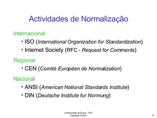 Actividades de Normalização Internacional ISO ( International Organization for Standardization ) Internet Society ( RFC -  Request for Comments ) Regional CEN ( Comité Européen de Normalization ) Nacional ANSI ( American National Standards Institute ) DIN ( Deutsche Institute fur Normung ) 