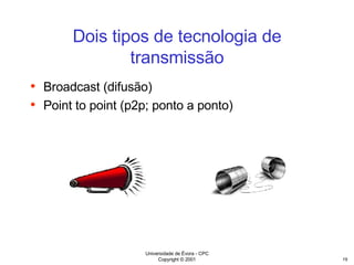Dois tipos de tecnologia de transmissão Broadcast (difusão) Point to point (p2p; ponto a ponto) 