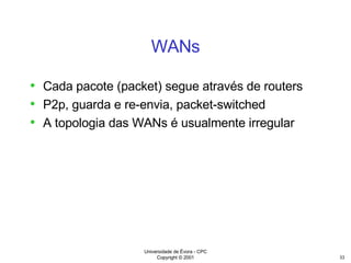 WANs Cada pacote (packet) segue através de routers P2p, guarda e re-envia, packet-switched A topologia das WANs é usualmente irregular 