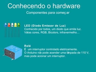 Conhecendo o hardware
Componentes para começ ar
LED (Diodo Emissor de Luz)
Conhecido por todos, um diodo que emite luz.
Várias cores, RGB, Bicolors, infravermelho…
Relé
É um interruptor controlado eletricamente.
O Arduino não pode acender uma lâmpada de 110 V,
mas pode acionar um interruptor.
 