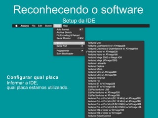 Reconhecendo o software
Setup da IDE
Configurar qual placa
Informar a IDE,
qual placa estamos utilizando.
 