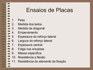 Ensaios de Placas Peso Medida dos lados Medida da diagonal Empenamento Espessura do reforço lateral Largura do reforço lateral Espessura central Folga nos encaixes Massa específica Resistência a flexão Resistência do elemento de fixação 