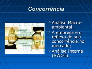 ConcorrênciaConcorrência
 Análise Macro-Análise Macro-
ambiental;ambiental;
 A empresa é oA empresa é o
reflexo de suareflexo de sua
concorrência noconcorrência no
mercado;mercado;
 Análise InternaAnálise Interna
(SWOT).(SWOT).
 