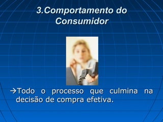3.Comportamento do3.Comportamento do
ConsumidorConsumidor
Todo o processo que culmina naTodo o processo que culmina na
decisão de compra efetiva.decisão de compra efetiva.
 