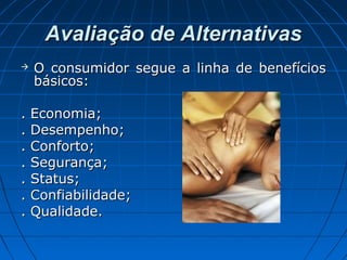 Avaliação de AlternativasAvaliação de Alternativas
 O consumidor segue a linha de benefíciosO consumidor segue a linha de benefícios
básicos:básicos:
. Economia;. Economia;
. Desempenho;. Desempenho;
. Conforto;. Conforto;
. Segurança;. Segurança;
. Status;. Status;
. Confiabilidade;. Confiabilidade;
. Qualidade.. Qualidade.
 