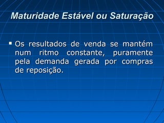 Maturidade Estável ou SaturaçãoMaturidade Estável ou Saturação
 Os resultados de venda se mantémOs resultados de venda se mantém
num ritmo constante, puramentenum ritmo constante, puramente
pela demanda gerada por compraspela demanda gerada por compras
de reposição.de reposição.
 