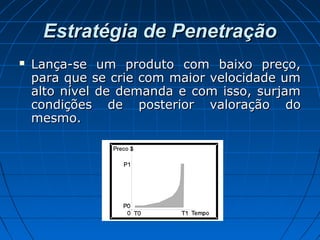 Estratégia de PenetraçãoEstratégia de Penetração
 Lança-se um produto com baixo preço,Lança-se um produto com baixo preço,
para que se crie com maior velocidade umpara que se crie com maior velocidade um
alto nível de demanda e com isso, surjamalto nível de demanda e com isso, surjam
condições de posterior valoração docondições de posterior valoração do
mesmo.mesmo.
 