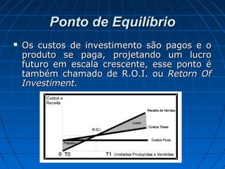 Ponto de EquilíbrioPonto de Equilíbrio
 Os custos de investimento são pagos e oOs custos de investimento são pagos e o
produto se paga, projetando um lucroproduto se paga, projetando um lucro
futuro em escala crescente, esse ponto éfuturo em escala crescente, esse ponto é
também chamado de R.O.I. outambém chamado de R.O.I. ou Retorn OfRetorn Of
Investiment.Investiment.
 