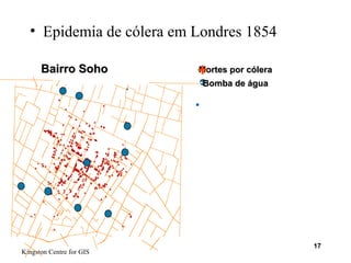 Kingston Centre for GIS
17
• Epidemia de cólera em Londres 1854
• Bairro SohoBairro Soho •Mortes por cóleraMortes por cólera
•Bomba de águaBomba de água
•+
•Historicamente coube a John
Snow, no século XIX, a
percepção de que a epidemia
de cólera na Londres de então
podia estar sendo propagada
através do escoamento
superficial das águas
contaminadas. Recorrendo a
mapas nos quais se
representavam a distribuição
geográfica de mortes por
cólera bem como a infra-
estrutura de distribuição de
águas, em 1854, este
pesquisador provou a
associação entre mortalidade e
regiões drenadas por águas
contaminadas.
 