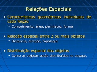 Relações EspaciaisRelações Espaciais
• Características geométricas individuais deCaracterísticas geométricas individuais de
cada feiçãocada feição
 Comprimento, área, perímetro, formaComprimento, área, perímetro, forma
• Relação espacial entre 2 ou mais objetosRelação espacial entre 2 ou mais objetos
 Distancia, direção, topologiaDistancia, direção, topologia
• Distribuição espacial dos objetosDistribuição espacial dos objetos
 Como os objetos estão distribuídos no espaço.Como os objetos estão distribuídos no espaço.
 