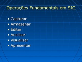 Operações Fundamentais em SIG
• CapturarCapturar
• ArmazenarArmazenar
• EditarEditar
• AnalisarAnalisar
• VisualizarVisualizar
• ApresentarApresentar
 